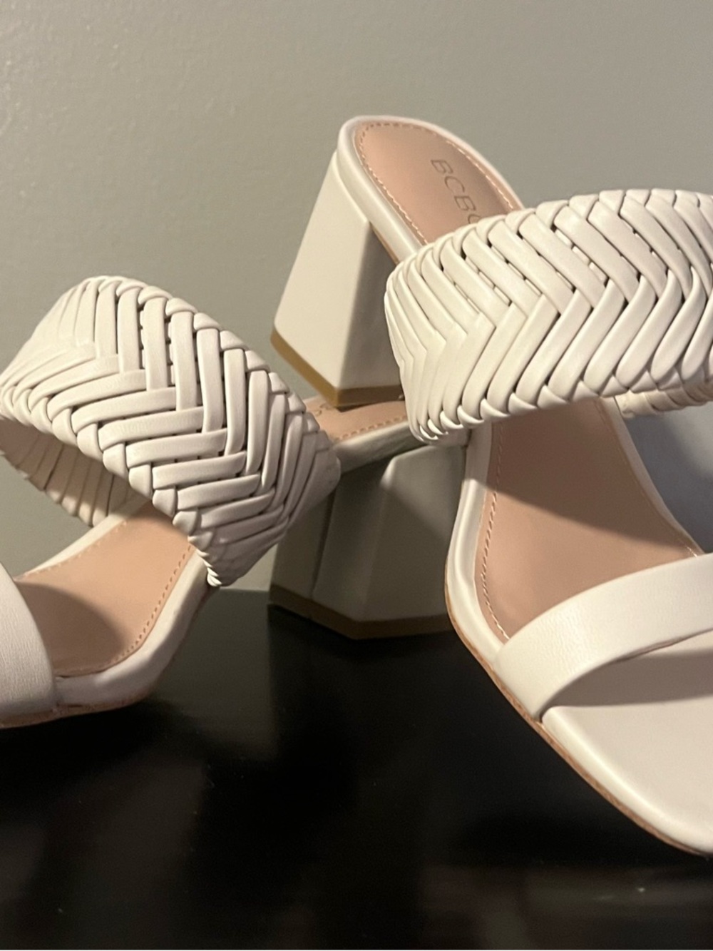 BCBG  Woven Strap Block Heel Mules in the color Bone